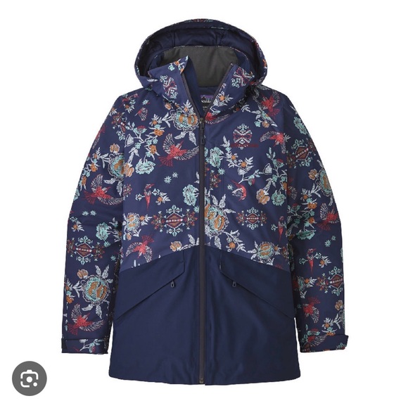 Women’s Snowbelle Patagonia Ski Coat Navy Blue with Floral Bird Pattern - Picture 4 of 4